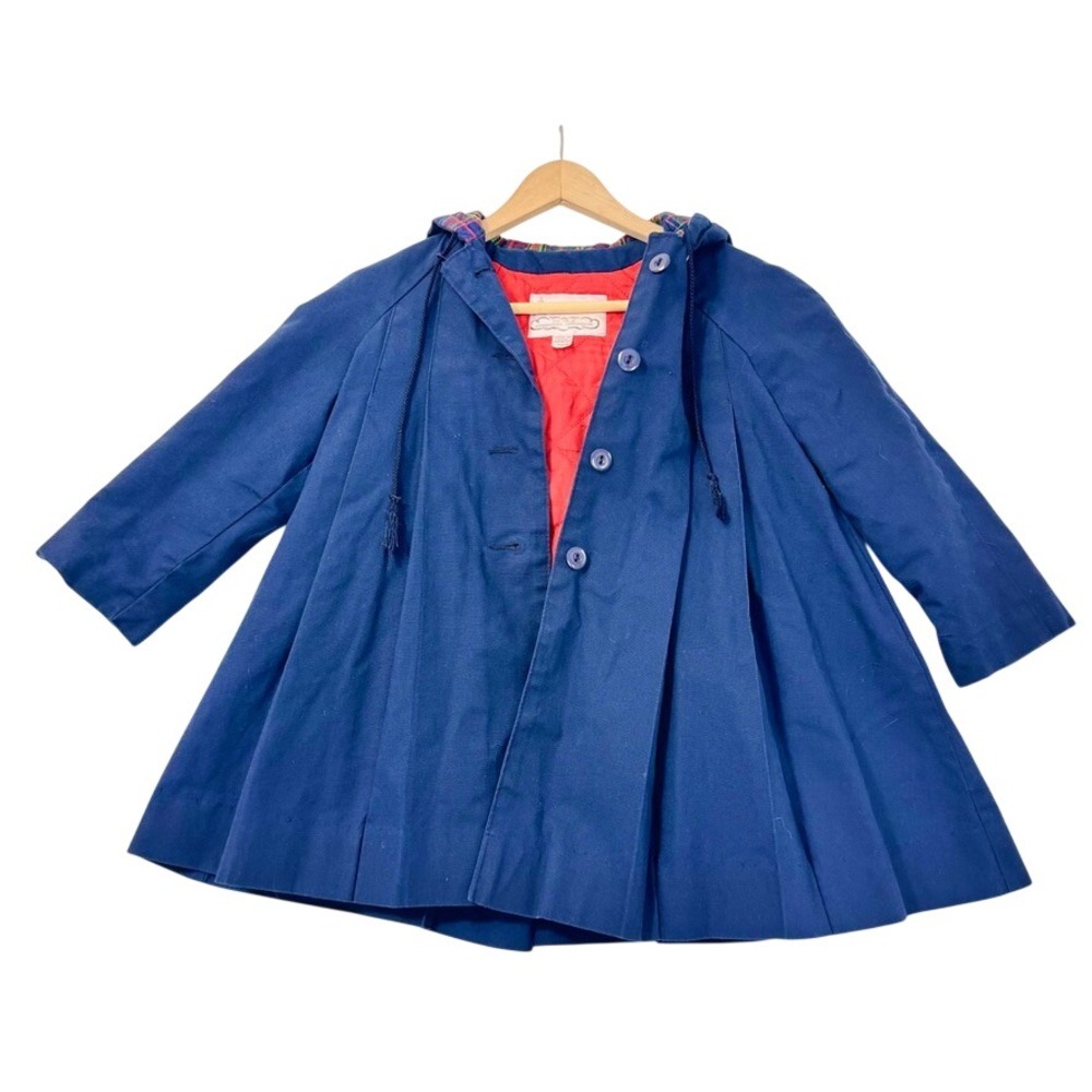 VTG London Fog Girls Sz 6 Blue Hooded Madeline French Swing Coat‎ Plaid USA